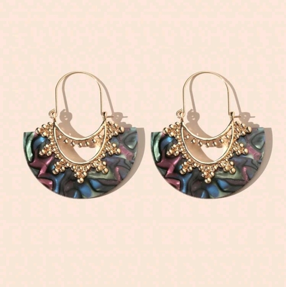 Boho Gold & Abalone abstract shell Fan hoop drop beach earrings 2/$30 - Picture 4 of 11